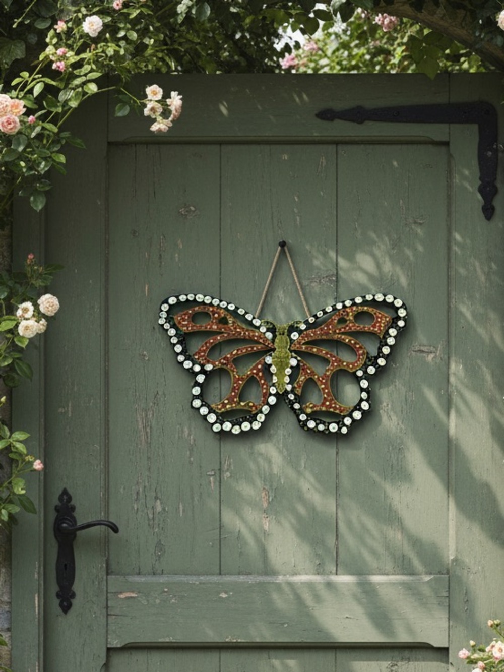 Hand crafted painted orange butterfly pressed wood door wall decoration dotted